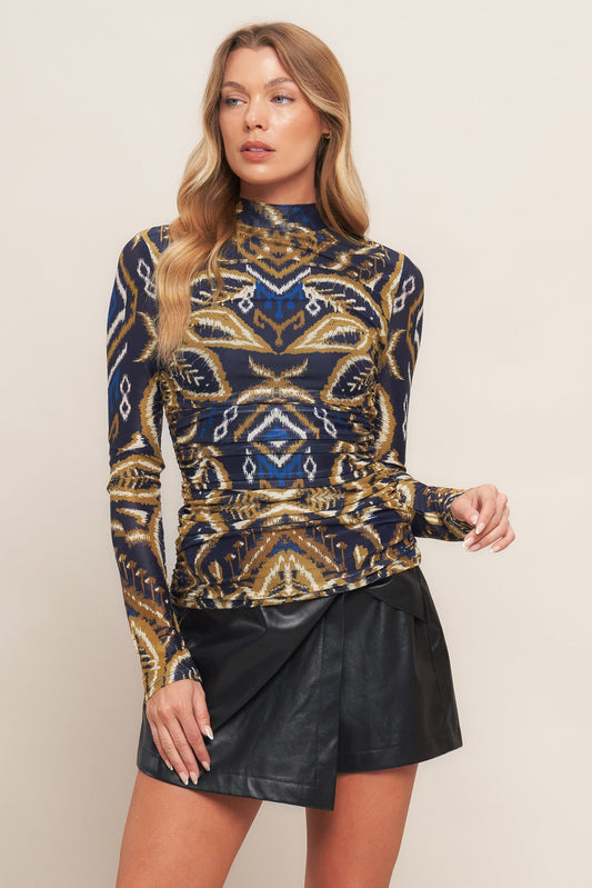 Nightfall Drape Printed Power Mesh Top With High Neck And Long Sleeves Flying Tomato