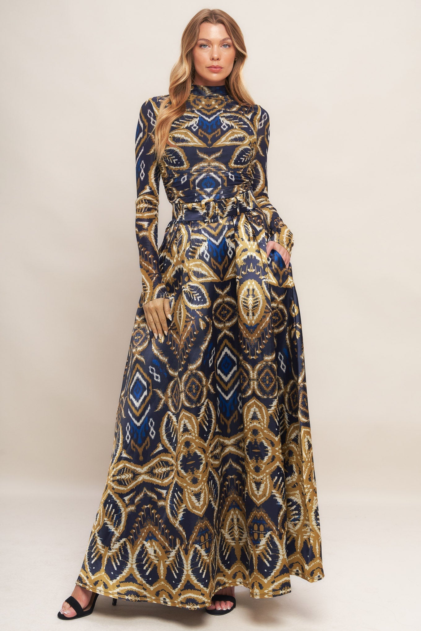 Nightfall Drape Printed Power Mesh Top With High Neck And Long Sleeves Flying Tomato