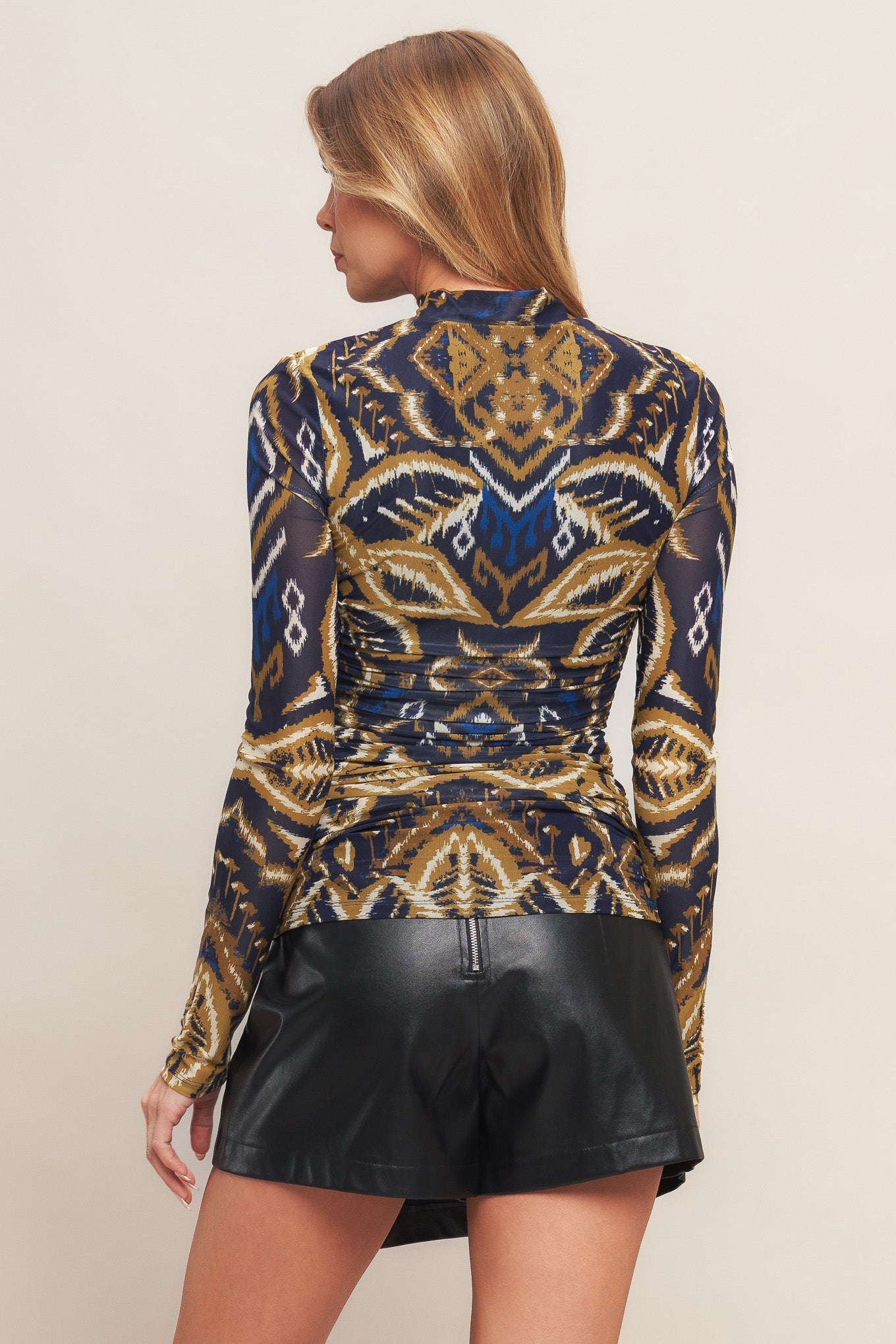 Nightfall Drape Printed Power Mesh Top With High Neck And Long Sleeves Flying Tomato