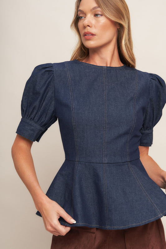 Classic Edge Dark Denim Top Round Neck Puff Sleeve Peplum Back Zipper Flying Tomato