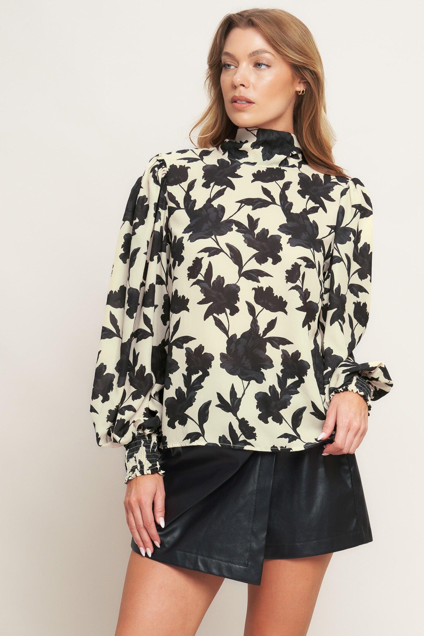 Detailed view of the Flying Tomato FREEDOM FLORAL STATEMENT WOVEN TOP, emphasizing the intricate floral pattern and rich wove