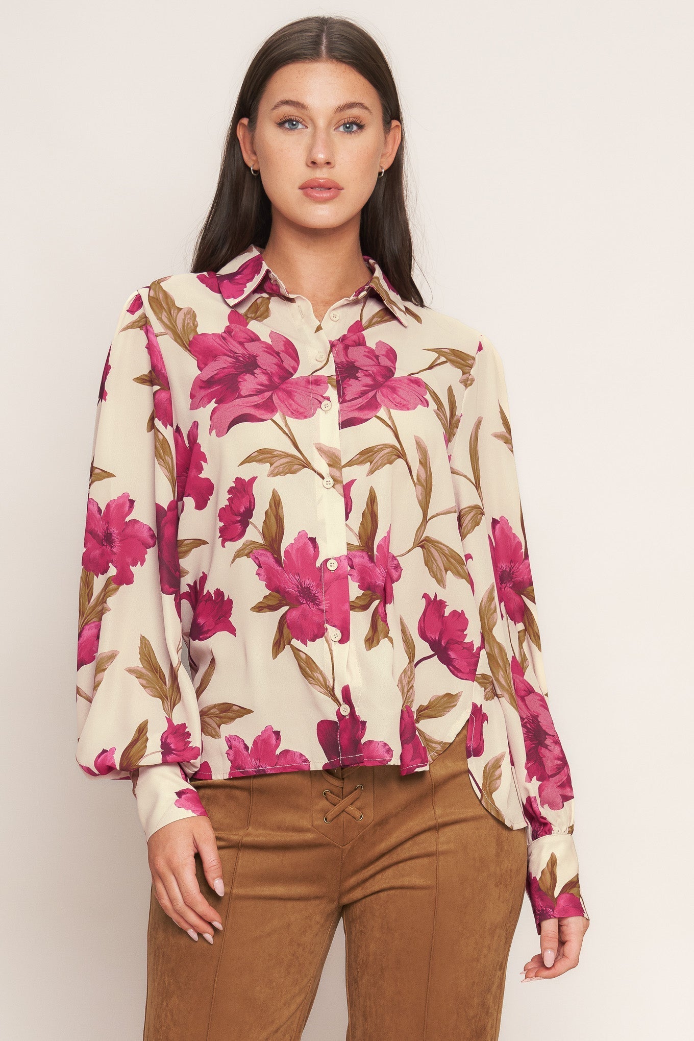 Rosewood Retro Woven Top Front Button Down Long Sleeve Flying Tomato