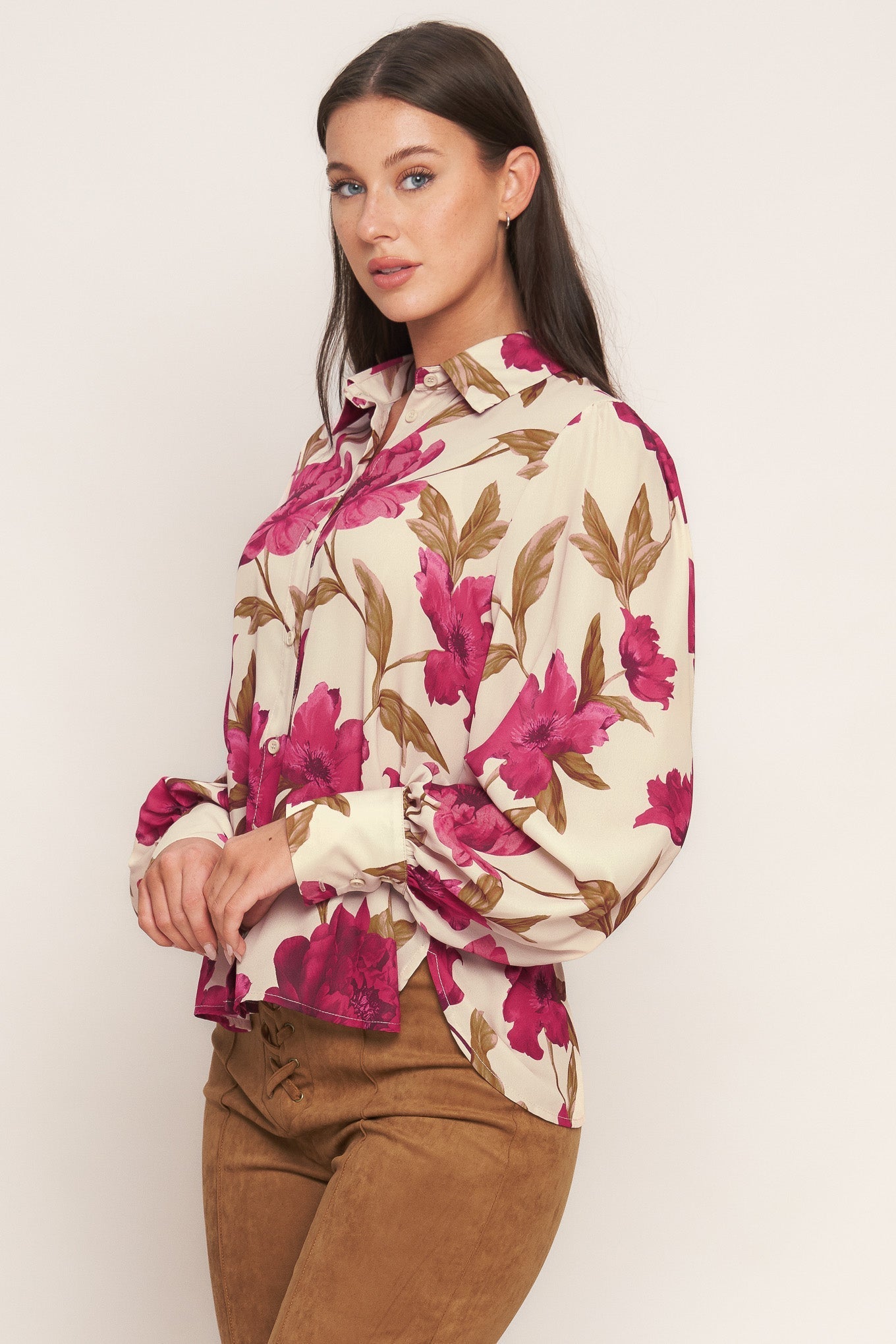 Rosewood Retro Woven Top Front Button Down Long Sleeve Flying Tomato