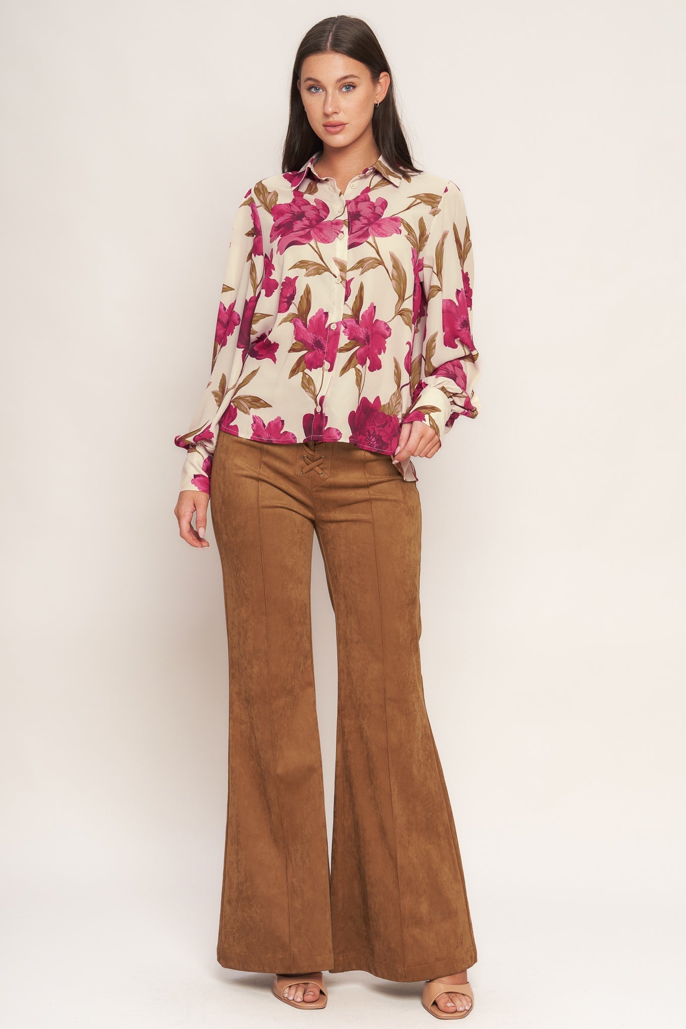 Rosewood Retro Woven Top Front Button Down Long Sleeve Flying Tomato