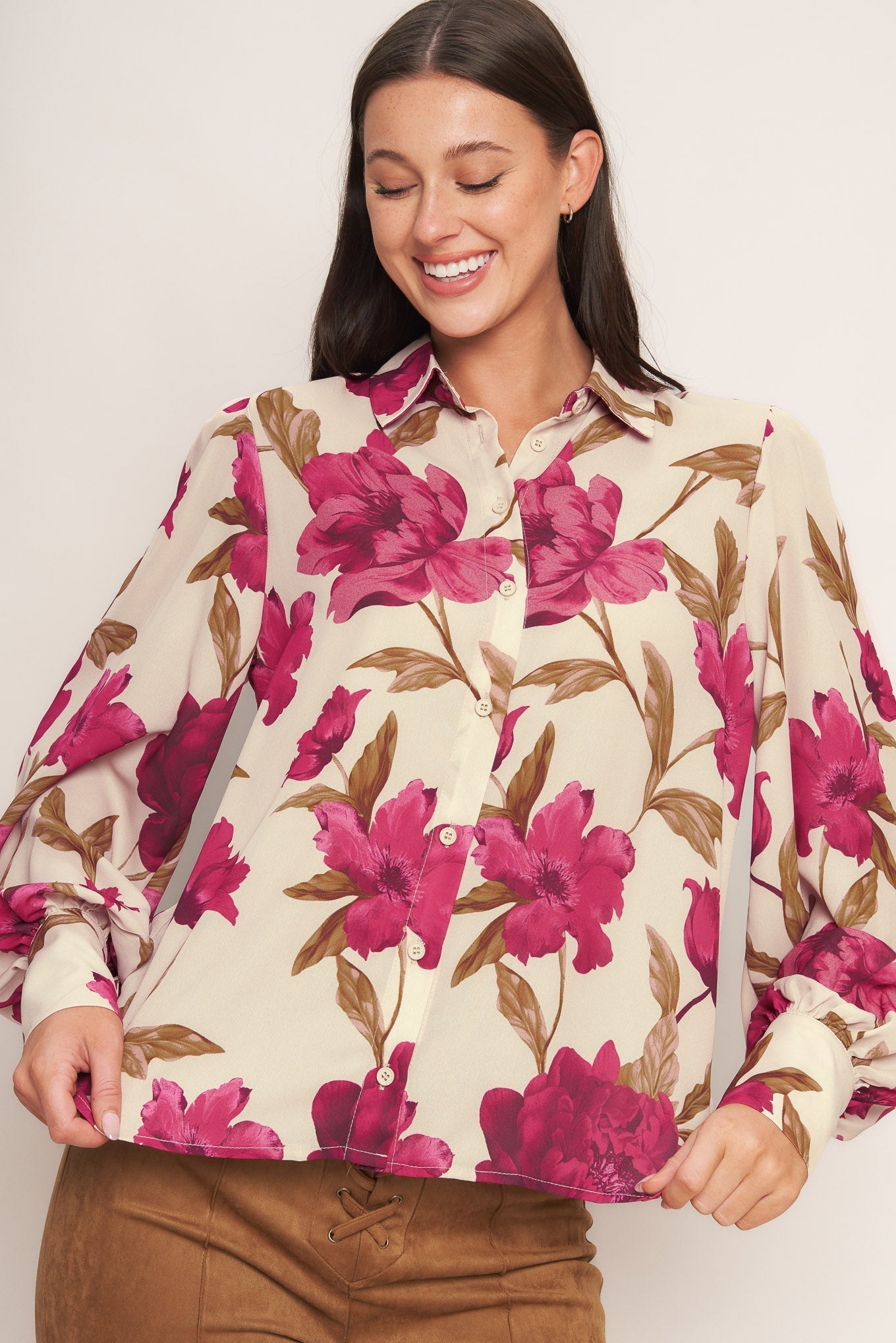Rosewood Retro Woven Top Front Button Down Long Sleeve Flying Tomato
