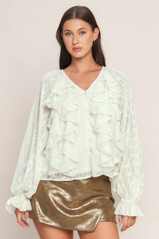 Milk Moonlight Woven Top V Neck Front Button Ruffle Bodice Flying Tomato