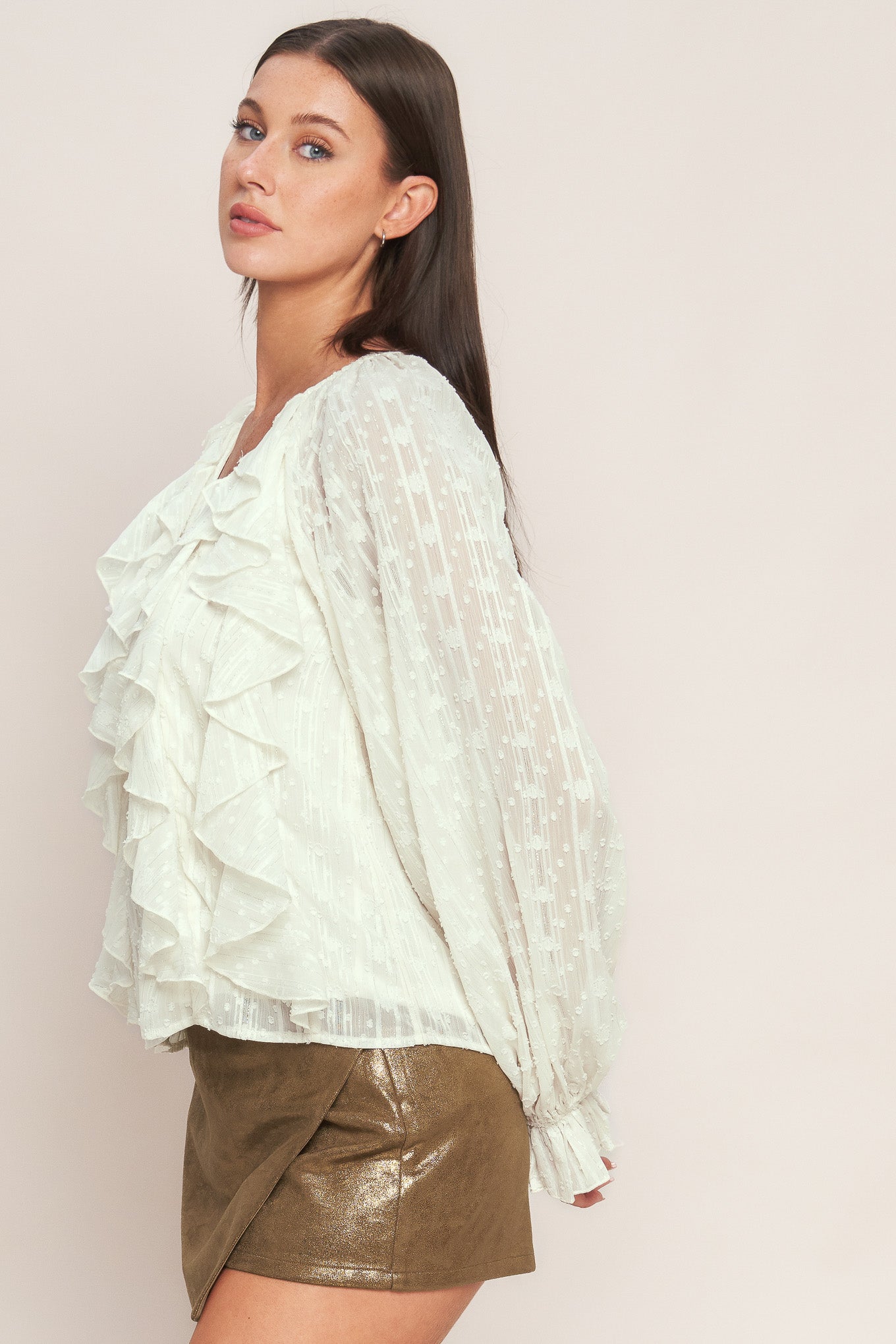 Milk Moonlight Woven Top V Neck Front Button Ruffle Bodice Flying Tomato