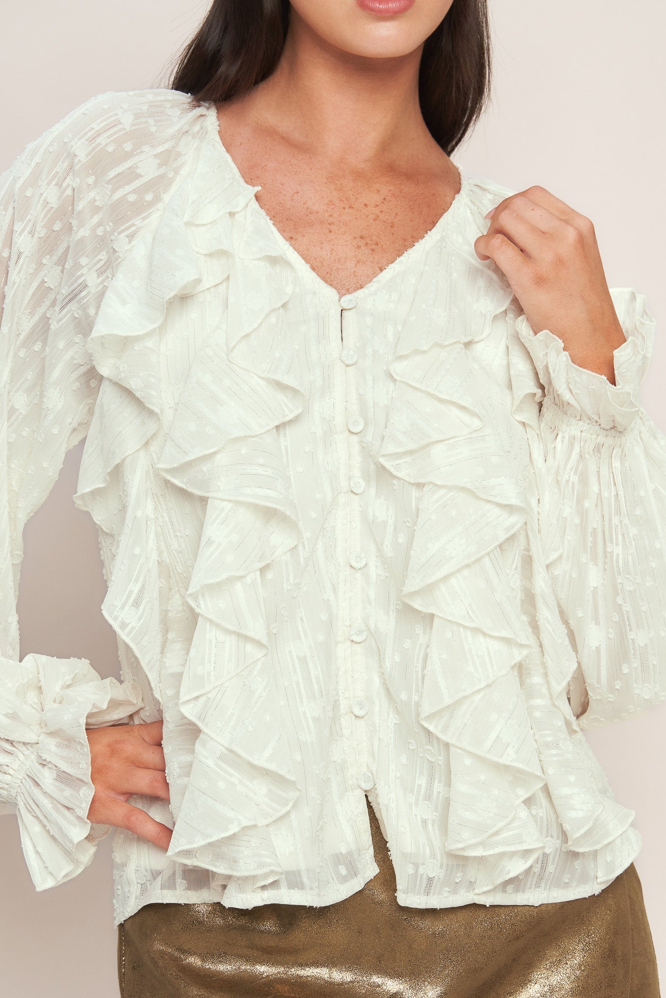 Milk Moonlight Woven Top V Neck Front Button Ruffle Bodice Flying Tomato