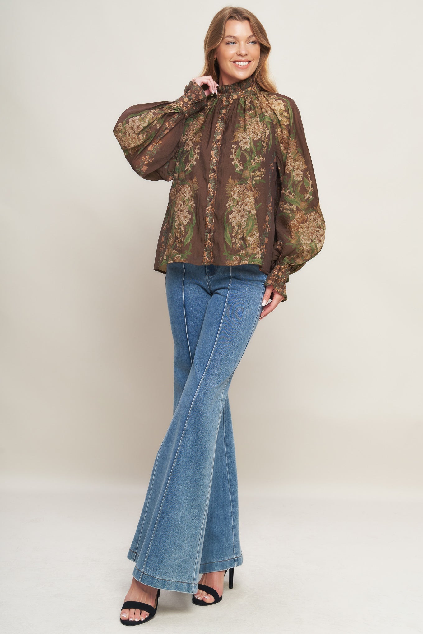 Celebrity Moment Floral Woven Top With Ruffled High Neck Flying Tomato