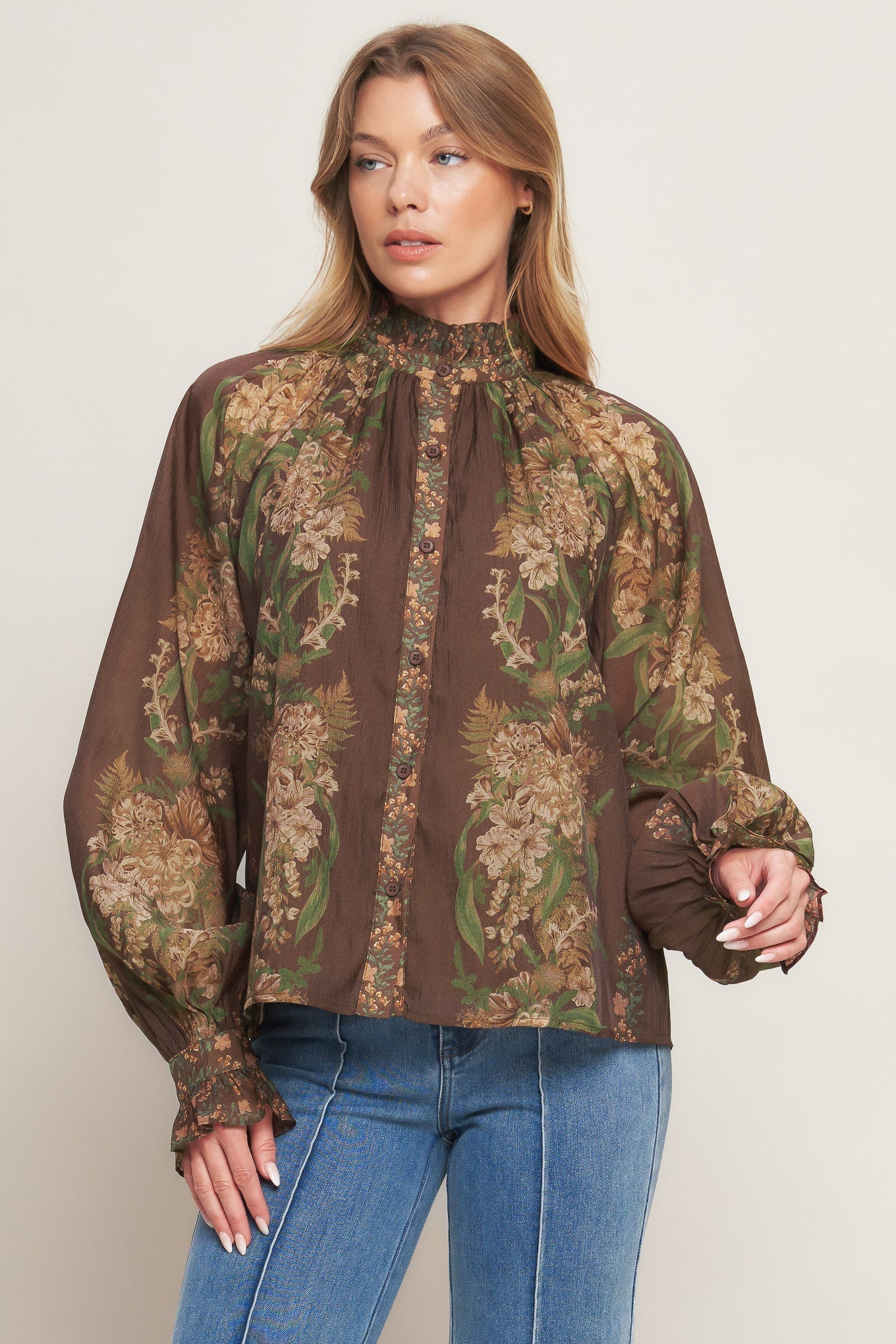 Celebrity Moment Floral Woven Top With Ruffled High Neck Flying Tomato