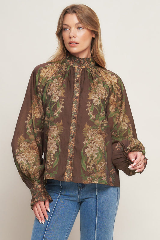 Celebrity Moment Floral Woven Top With Ruffled High Neck Flying Tomato
