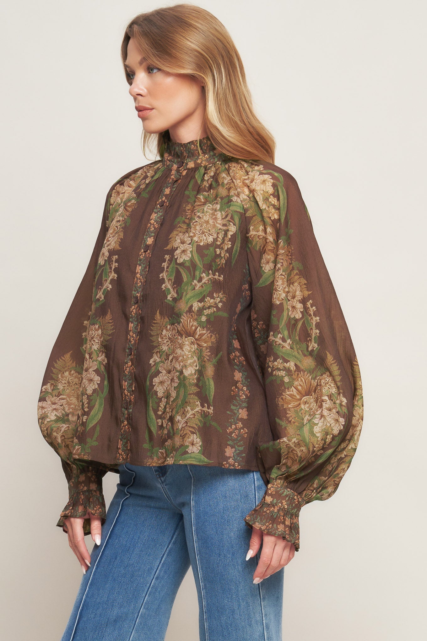 Celebrity Moment Floral Woven Top With Ruffled High Neck Flying Tomato