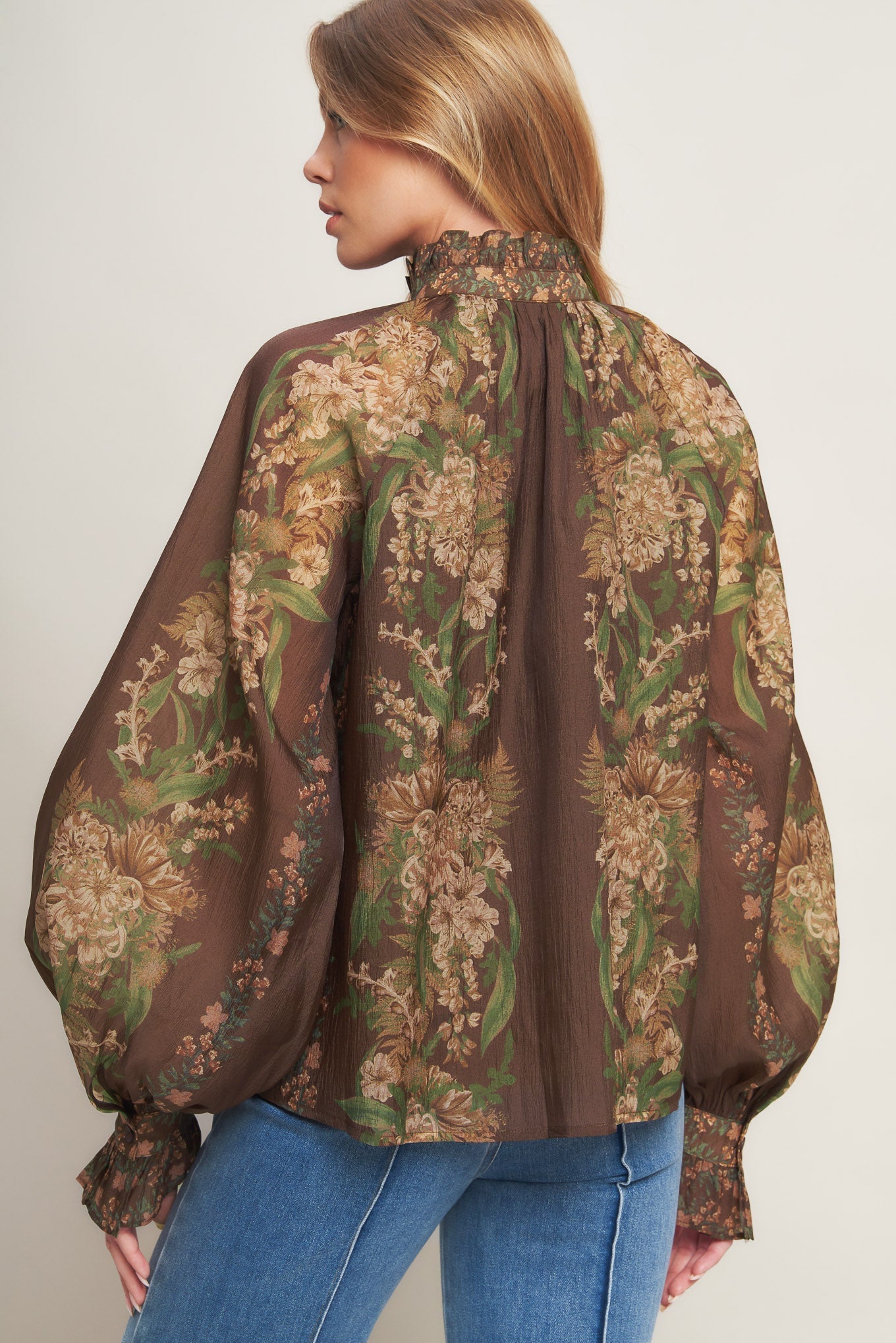 Celebrity Moment Floral Woven Top With Ruffled High Neck Flying Tomato