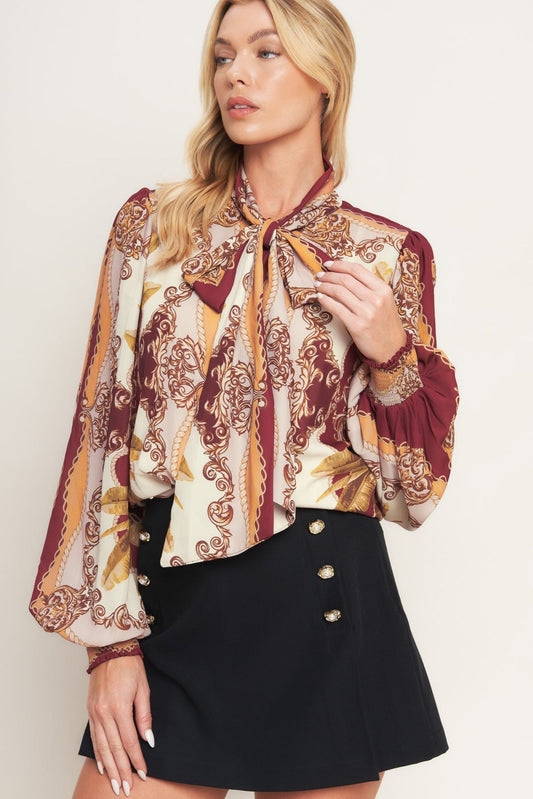 Renaissance Dream Printed Woven Top With Front Bow Tie Flying Tomato