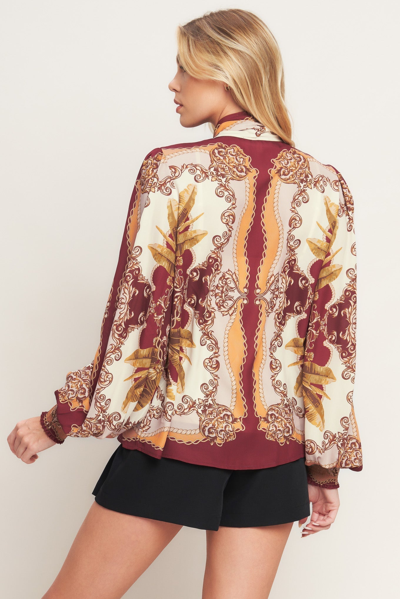 Renaissance Dream Printed Woven Top With Front Bow Tie Flying Tomato