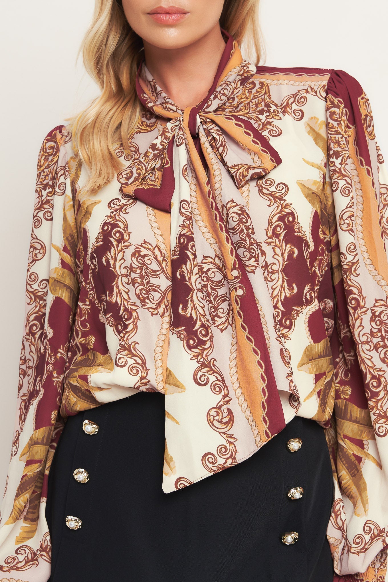 Renaissance Dream Printed Woven Top With Front Bow Tie Flying Tomato