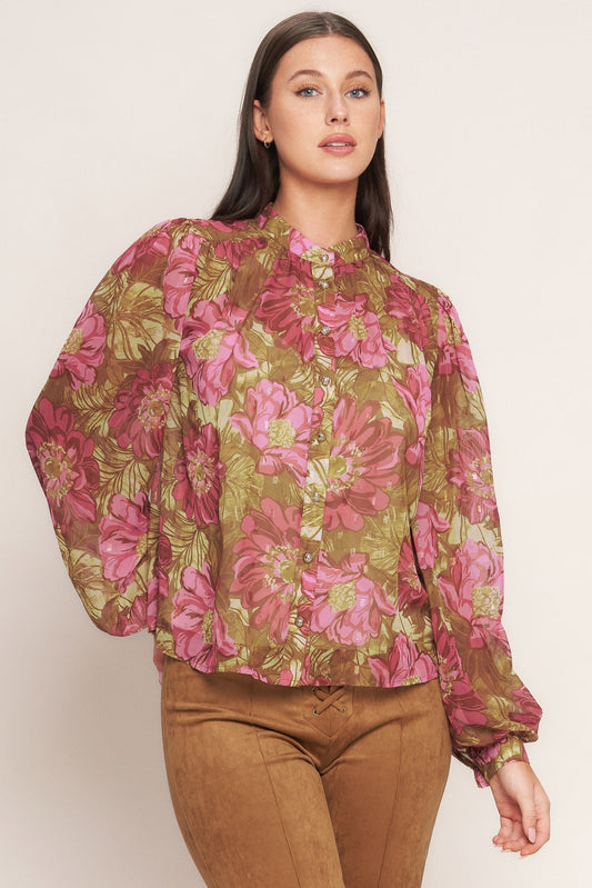 Secret Petals Woven Top Button Down China Collar Longsleeve Flying Tomato