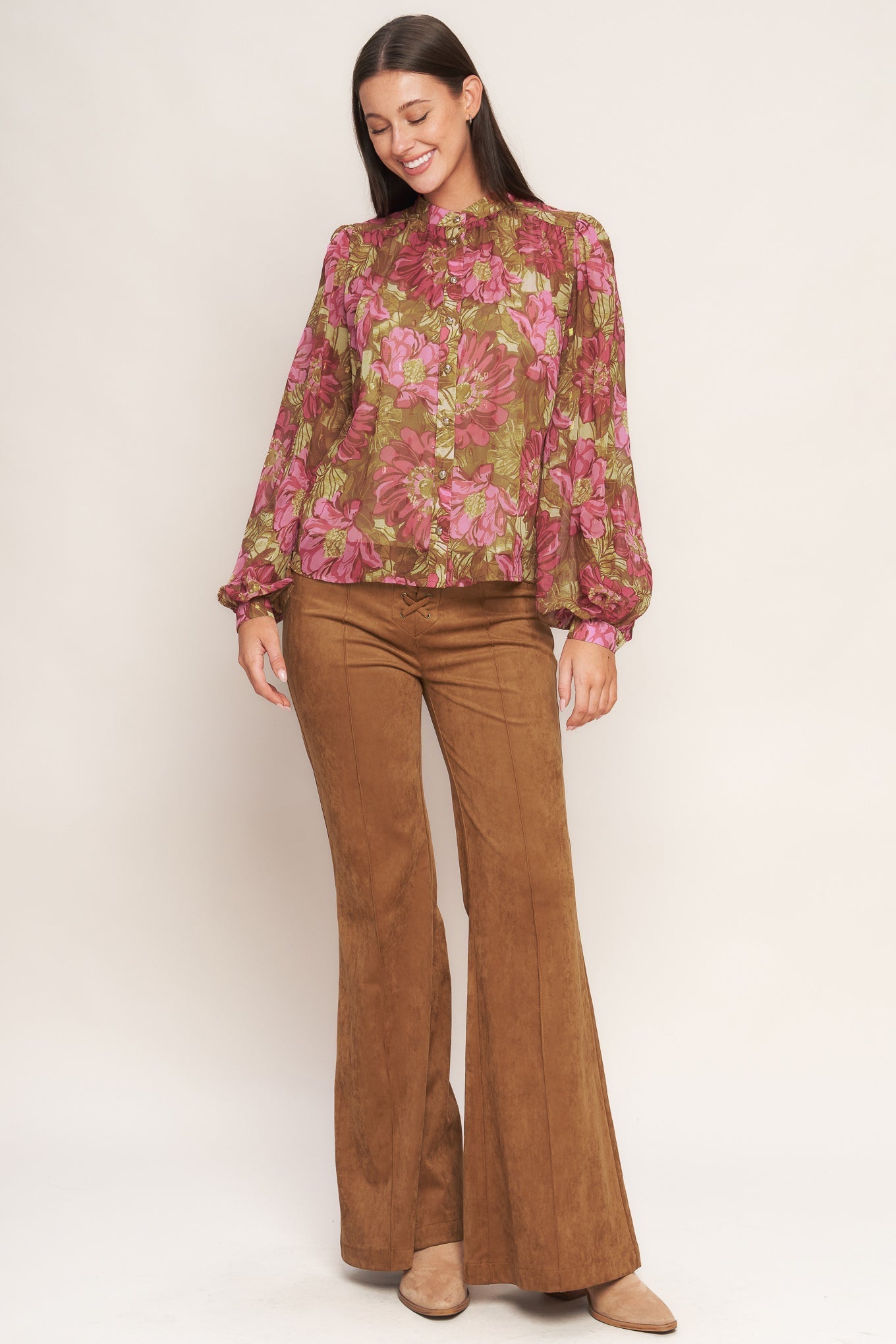 Secret Petals Woven Top Button Down China Collar Longsleeve Flying Tomato