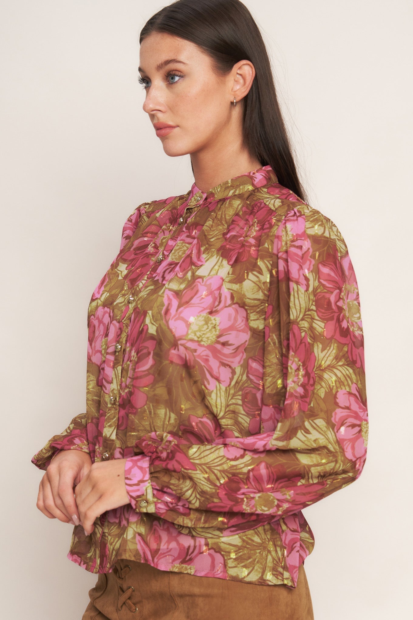 Secret Petals Woven Top Button Down China Collar Longsleeve Flying Tomato