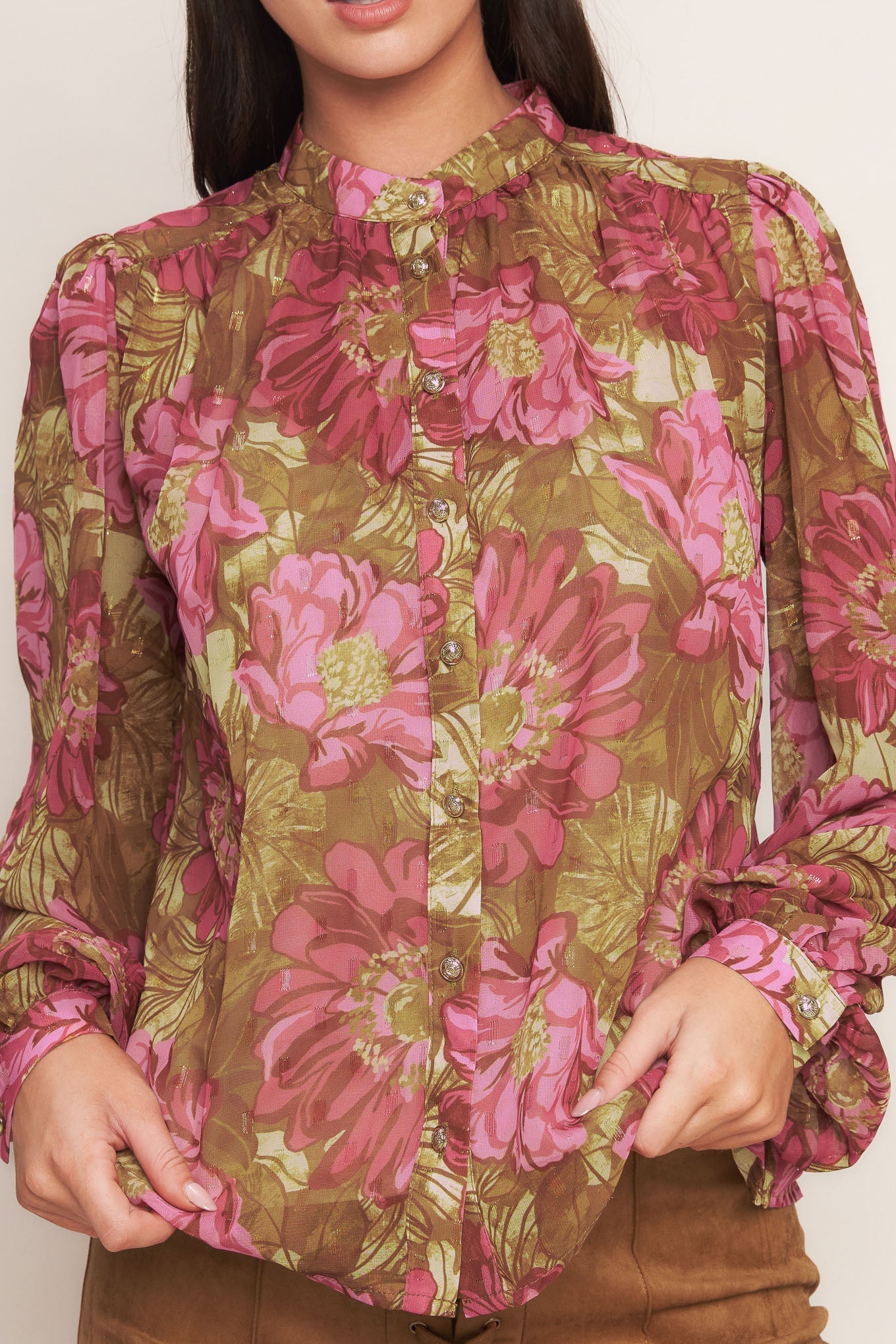 Secret Petals Woven Top Button Down China Collar Longsleeve Flying Tomato