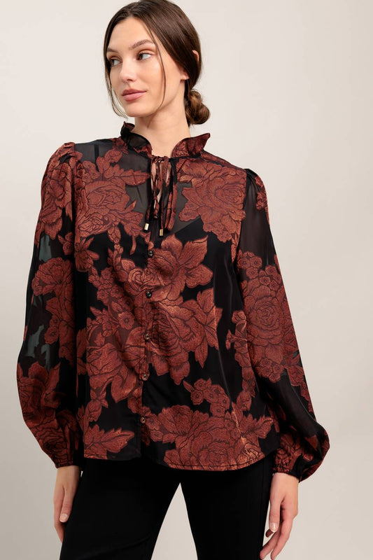 Jacquard Woven Top With Ruffled Neckline Front Tie Button Closure Long Sleeve Flying Tomato
