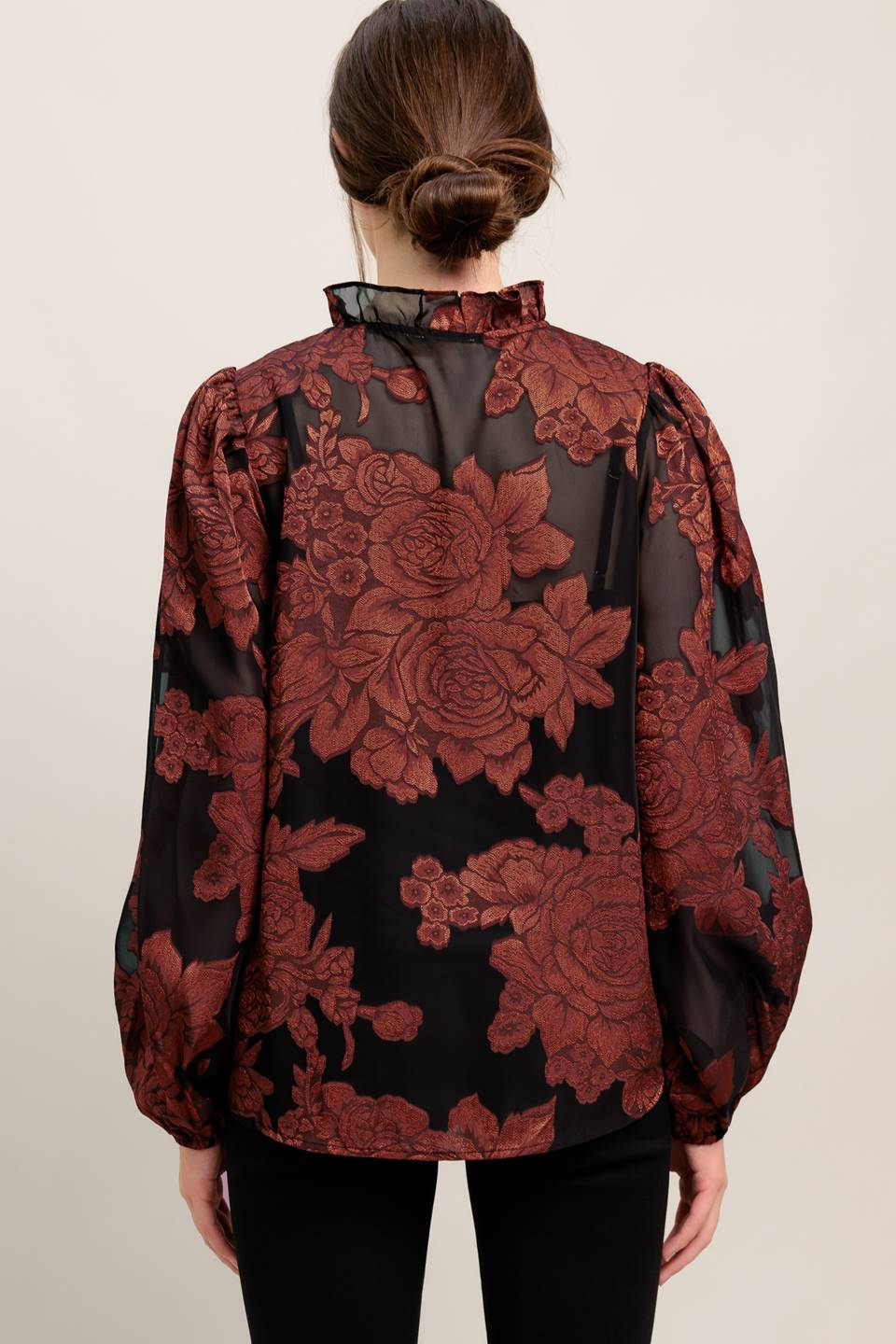 Jacquard Woven Top With Ruffled Neckline Front Tie Button Closure Long Sleeve Flying Tomato