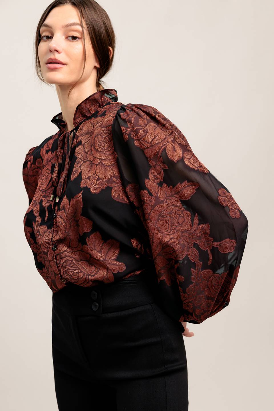 Jacquard Woven Top With Ruffled Neckline Front Tie Button Closure Long Sleeve Flying Tomato