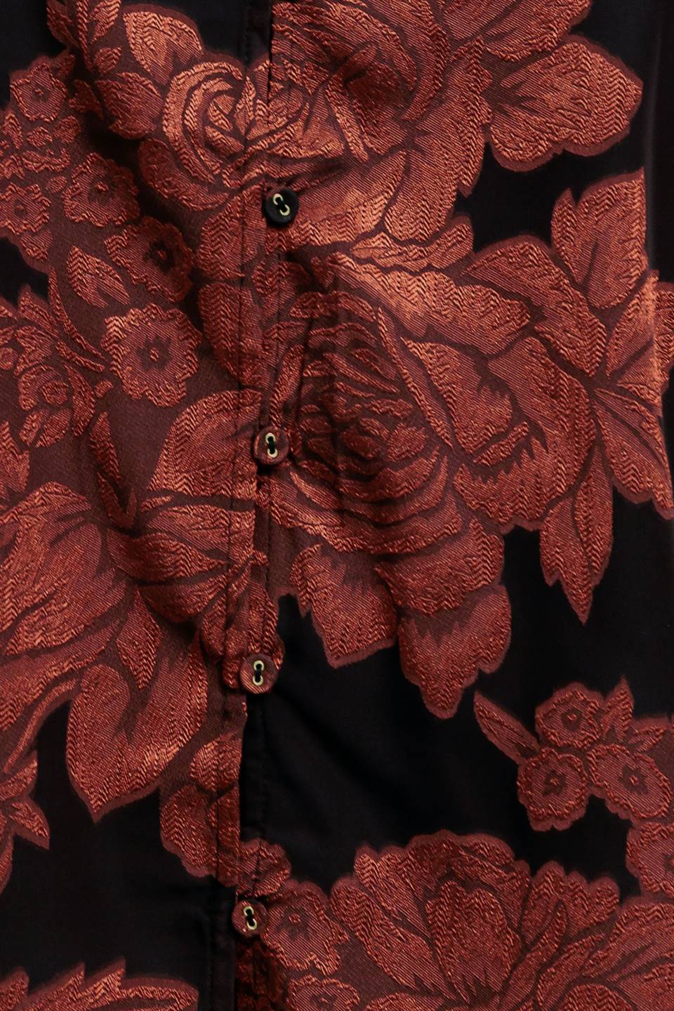 Jacquard Woven Top With Ruffled Neckline Front Tie Button Closure Long Sleeve Flying Tomato