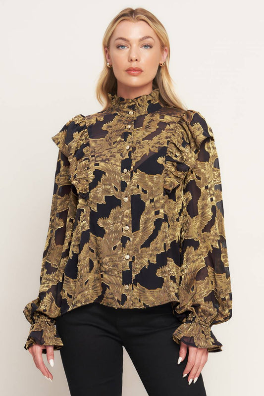 Shadow Glint Woven Top With Ruffled Neckline And Cuffs Flying Tomato