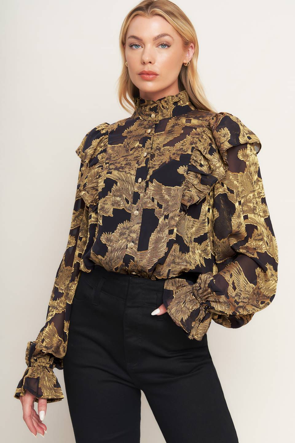 Shadow Glint Woven Top With Ruffled Neckline And Cuffs Flying Tomato