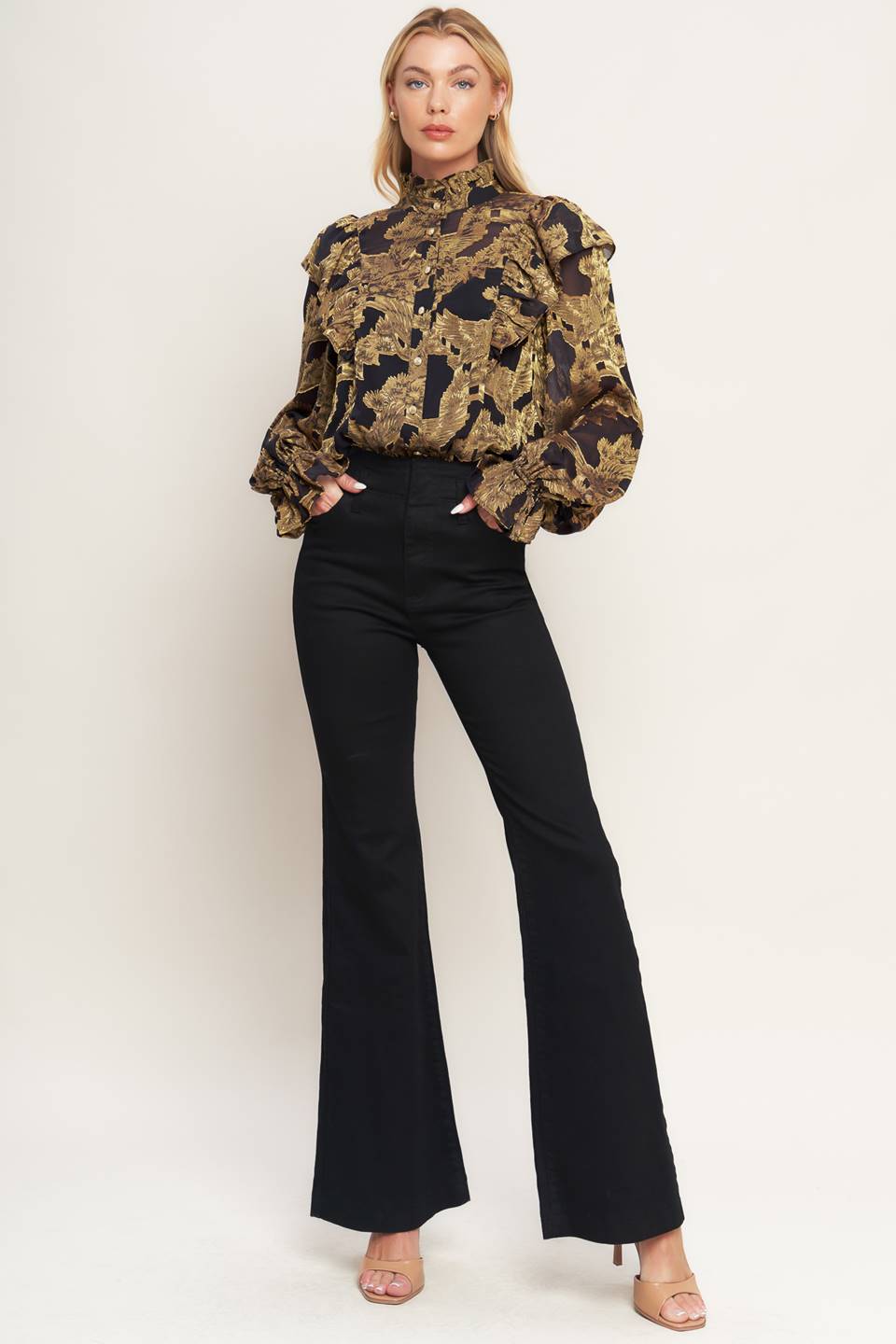 Shadow Glint Woven Top With Ruffled Neckline And Cuffs Flying Tomato