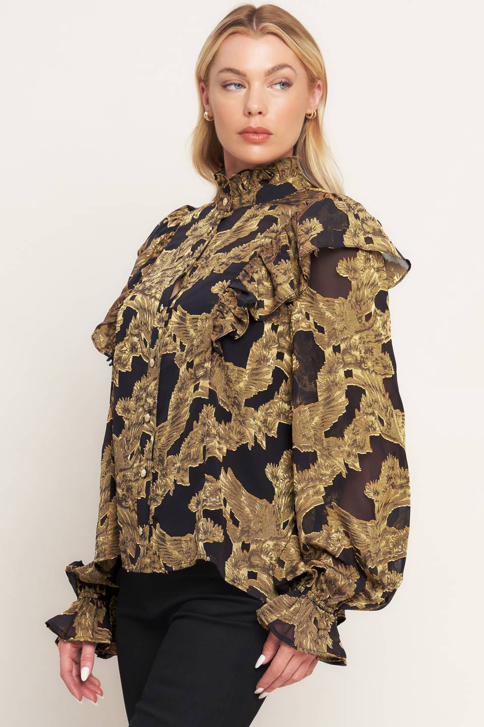 Shadow Glint Woven Top With Ruffled Neckline And Cuffs Flying Tomato