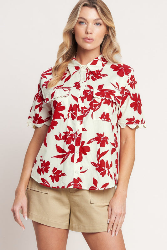 Floral Print Woven Top With Button Down Collar Short Sleeve And Pocket Flying Tomato