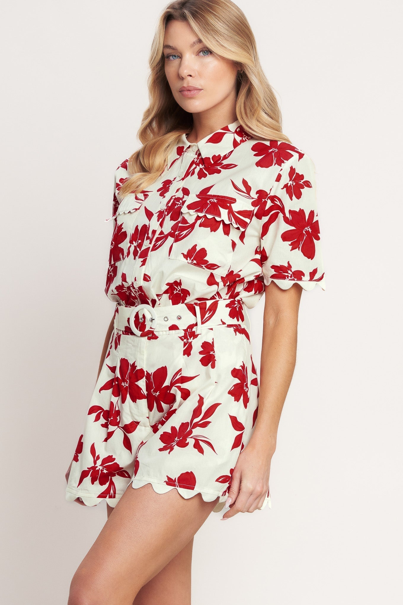 Floral Print Woven Top With Button Down Collar Short Sleeve And Pocket Flying Tomato