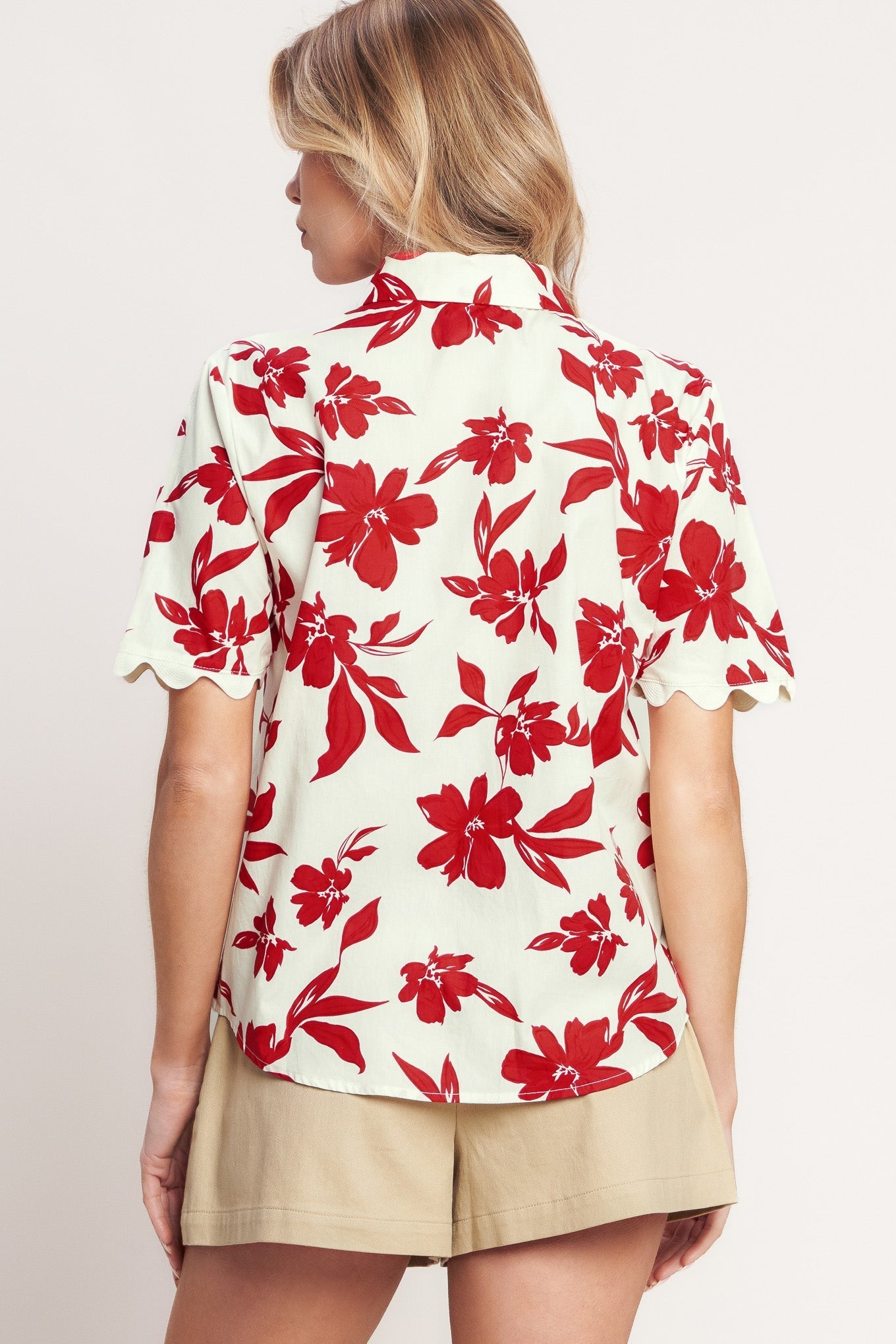 Floral Print Woven Top With Button Down Collar Short Sleeve And Pocket Flying Tomato