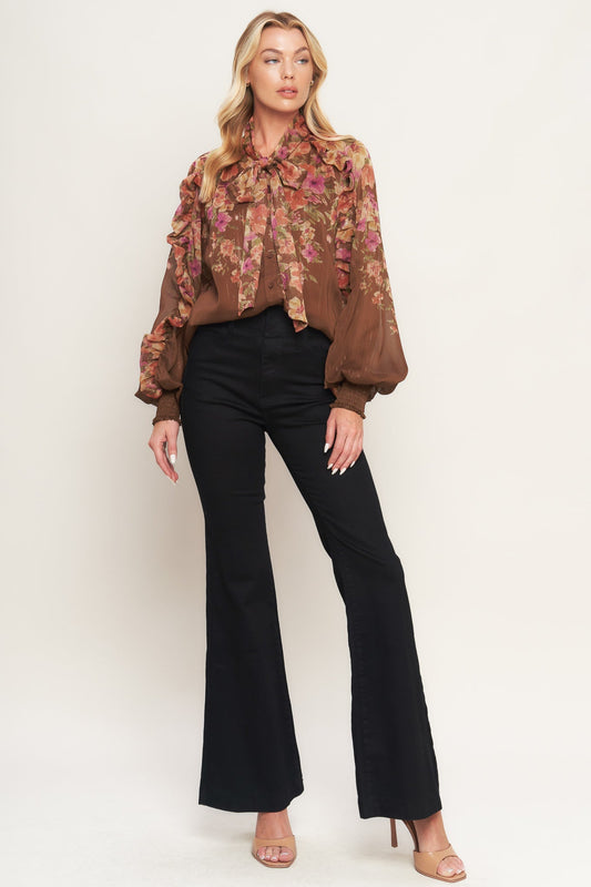 Earthly Romance Printed Woven Top With Bow Tie Front Button Flying Tomato