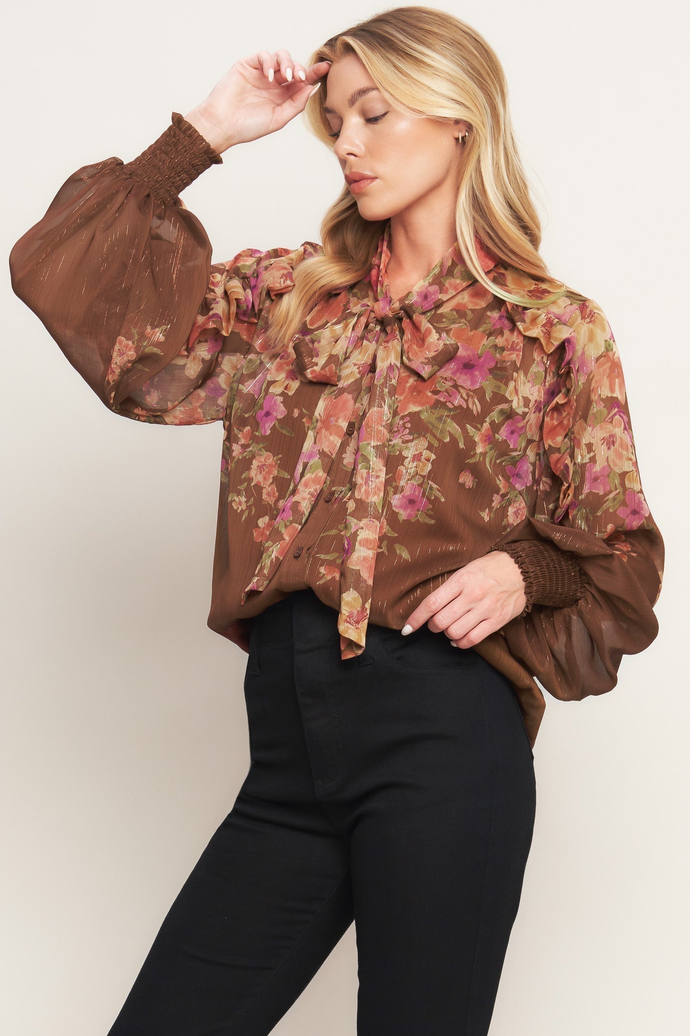 Earthly Romance Printed Woven Top With Bow Tie Front Button Flying Tomato