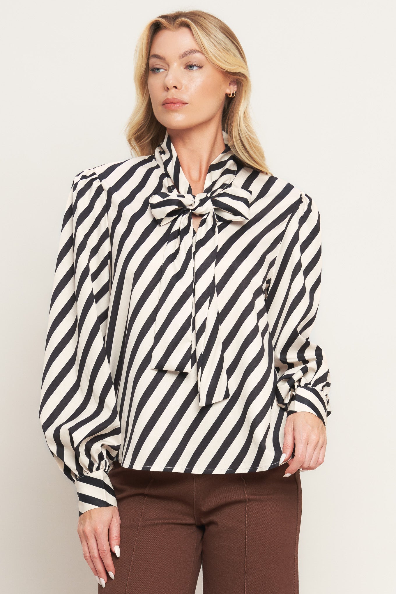 Vogue Stripe Woven Top With Front Bow Tie High Neck Flying Tomato