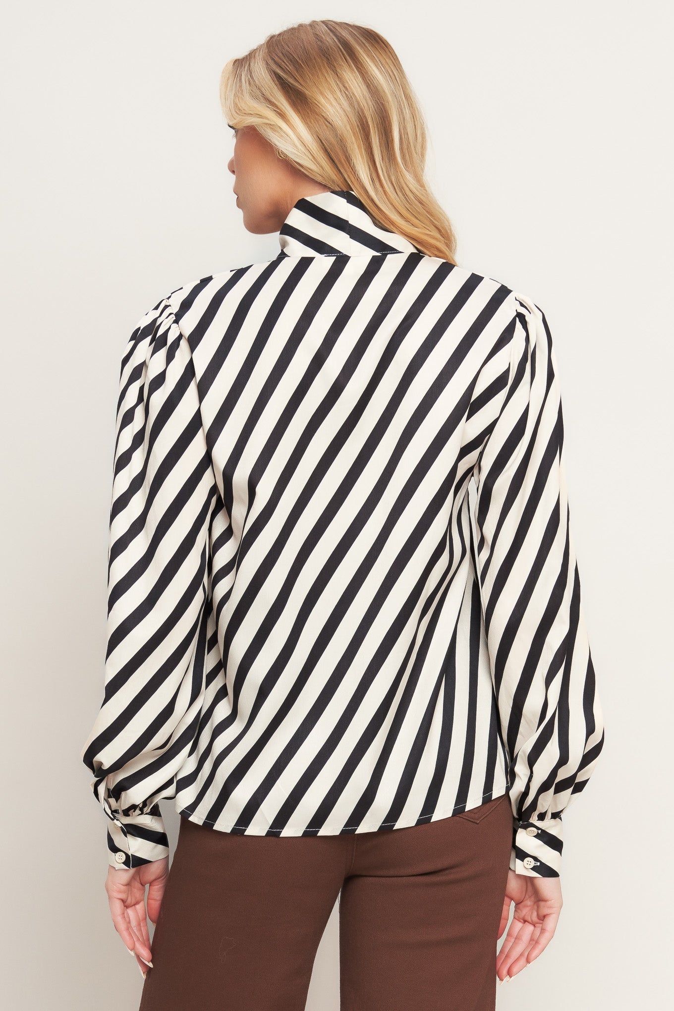 Vogue Stripe Woven Top With Front Bow Tie High Neck Flying Tomato