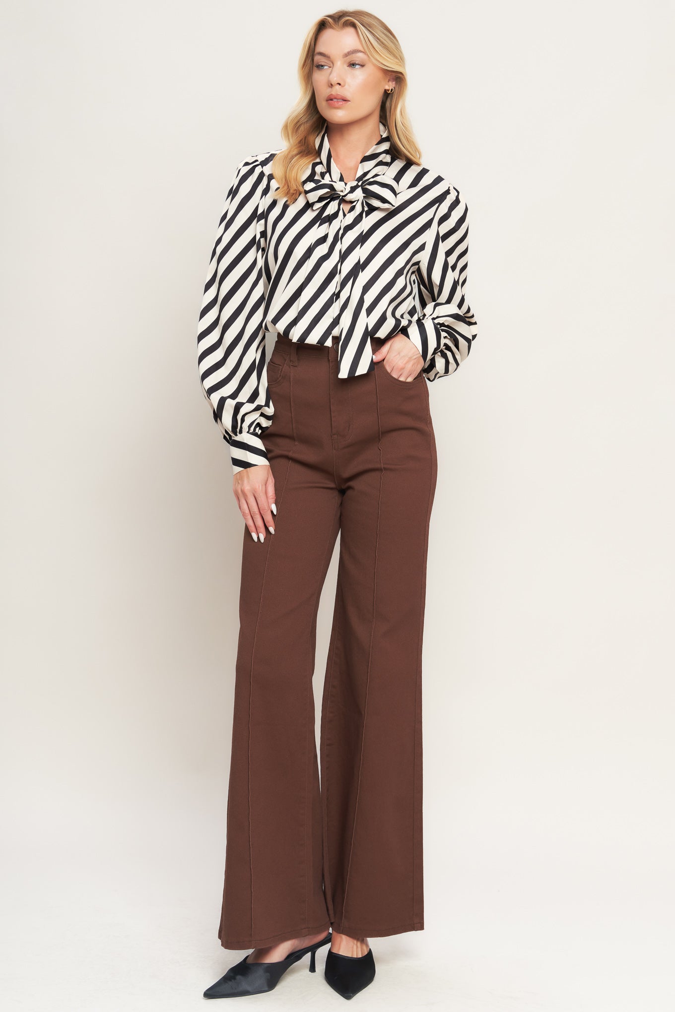 Vogue Stripe Woven Top With Front Bow Tie High Neck Flying Tomato