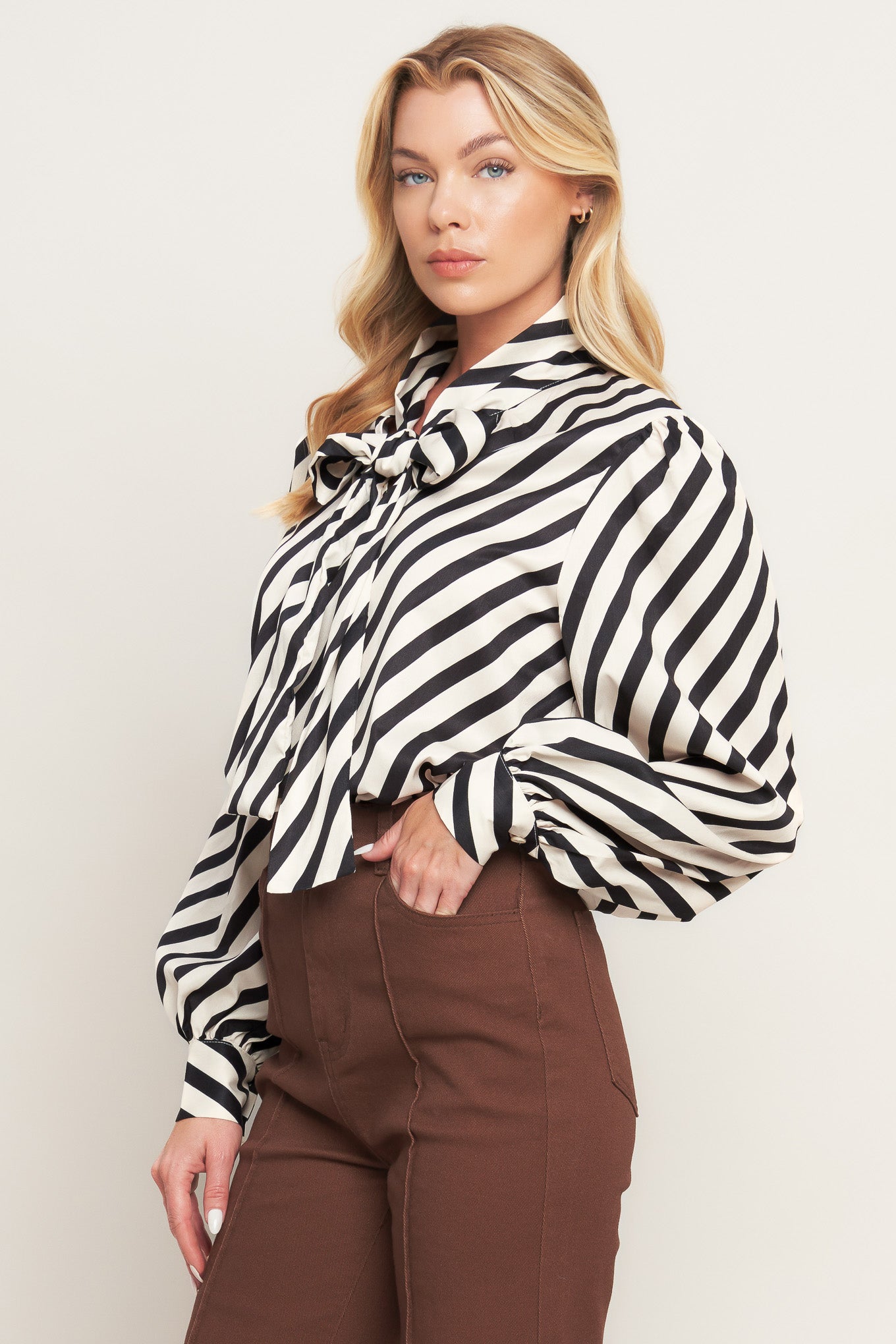 Vogue Stripe Woven Top With Front Bow Tie High Neck Flying Tomato