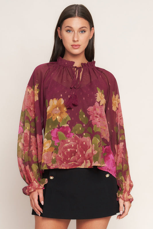 Flora Romantica Woven Top Ruffled Neckline Front Tie Flying Tomato