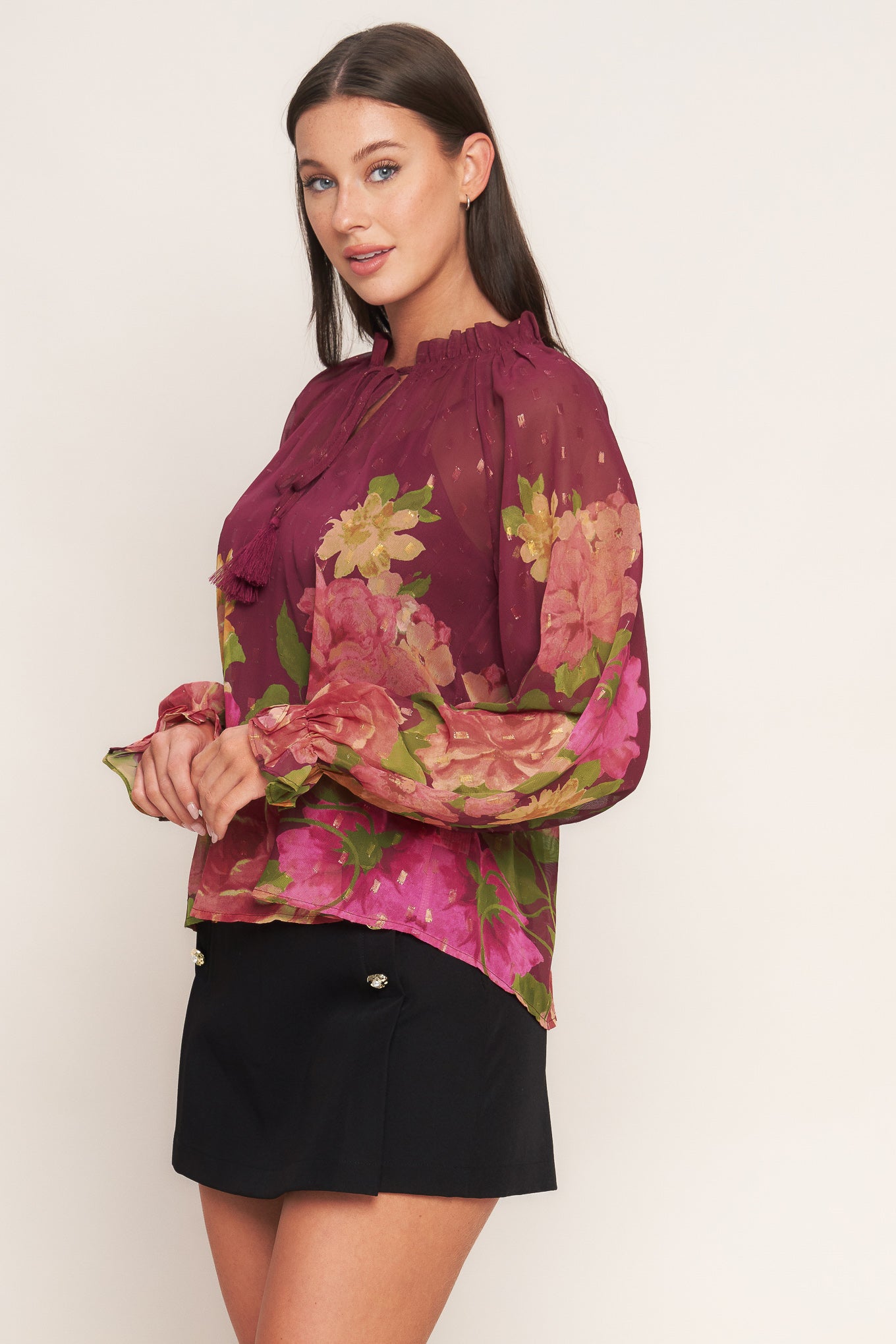 Flora Romantica Woven Top Ruffled Neckline Front Tie Flying Tomato