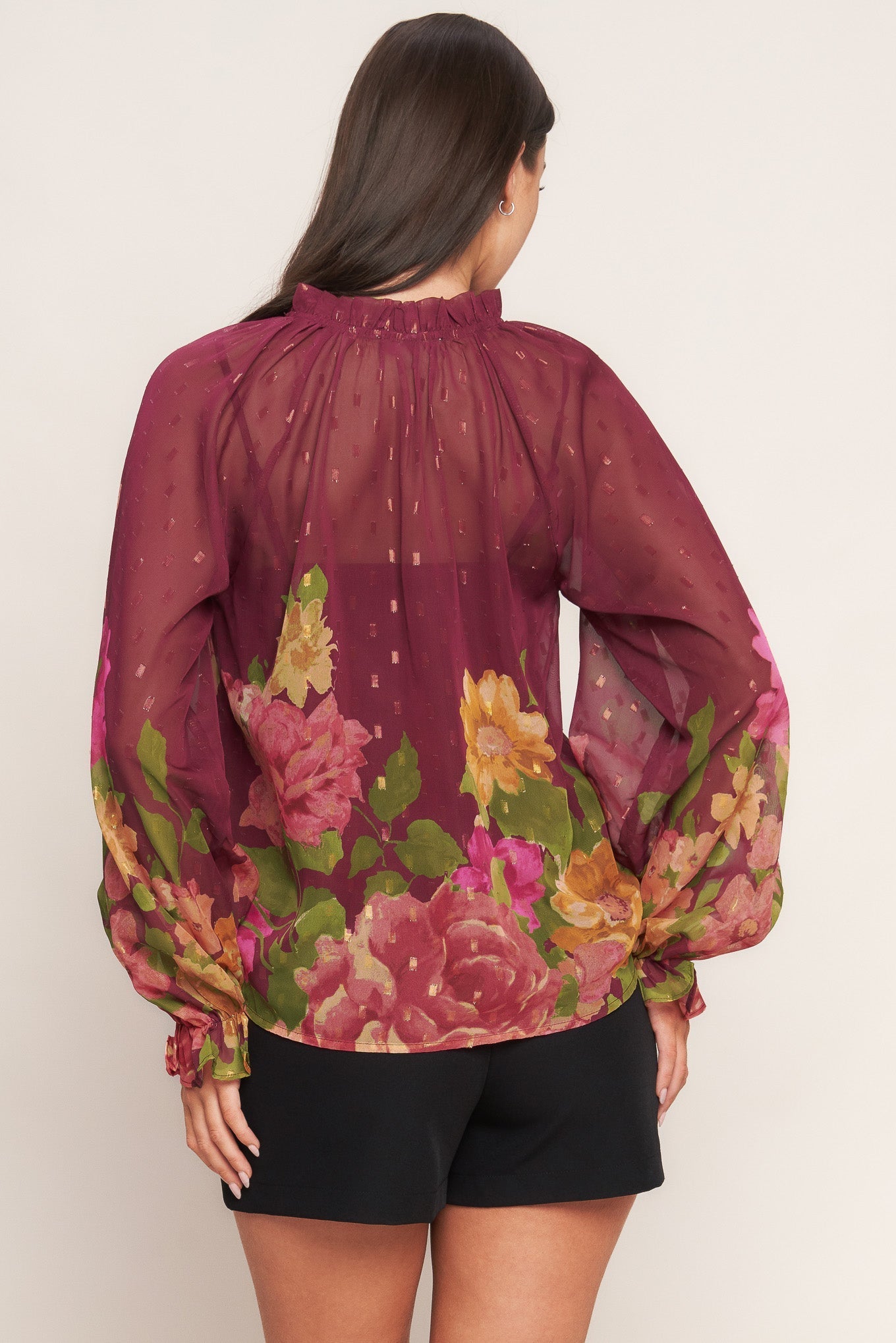 Flora Romantica Woven Top Ruffled Neckline Front Tie Flying Tomato