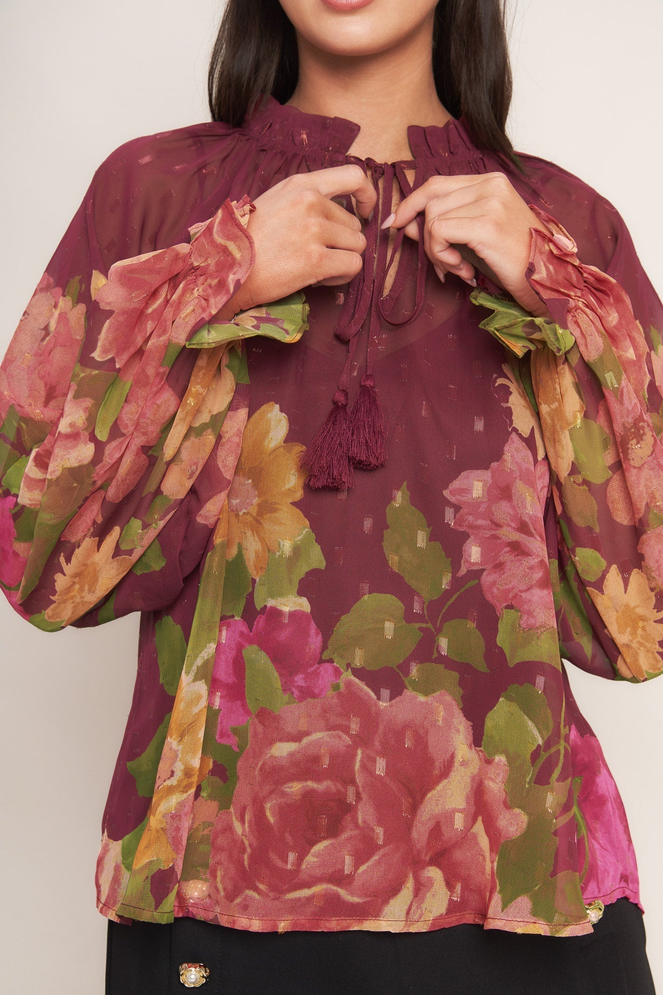 Flora Romantica Woven Top Ruffled Neckline Front Tie Flying Tomato