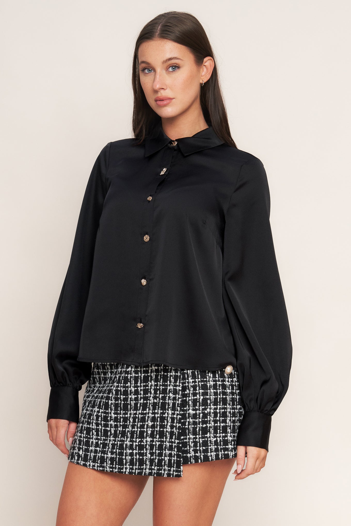 Black Orbit Woven Top With Collar And Button Down Sleeves Flying Tomato