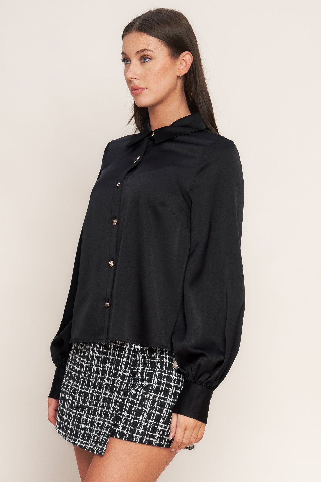 Black Orbit Woven Top With Collar And Button Down Sleeves Flying Tomato