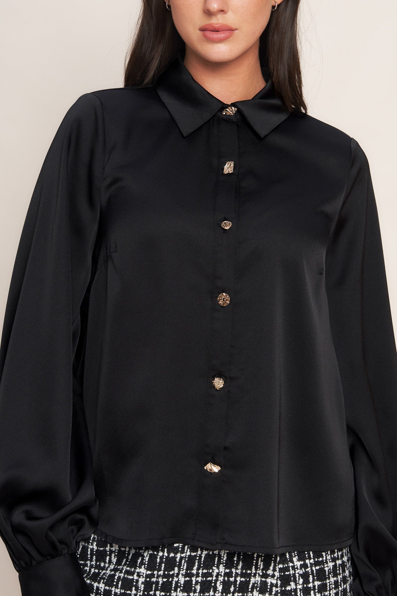 Black Orbit Woven Top With Collar And Button Down Sleeves Flying Tomato