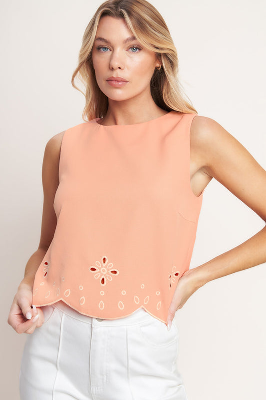 Peach Sleeveless Woven Top With Eyelet Embroidery And Scalloped Hem Flying Tomato