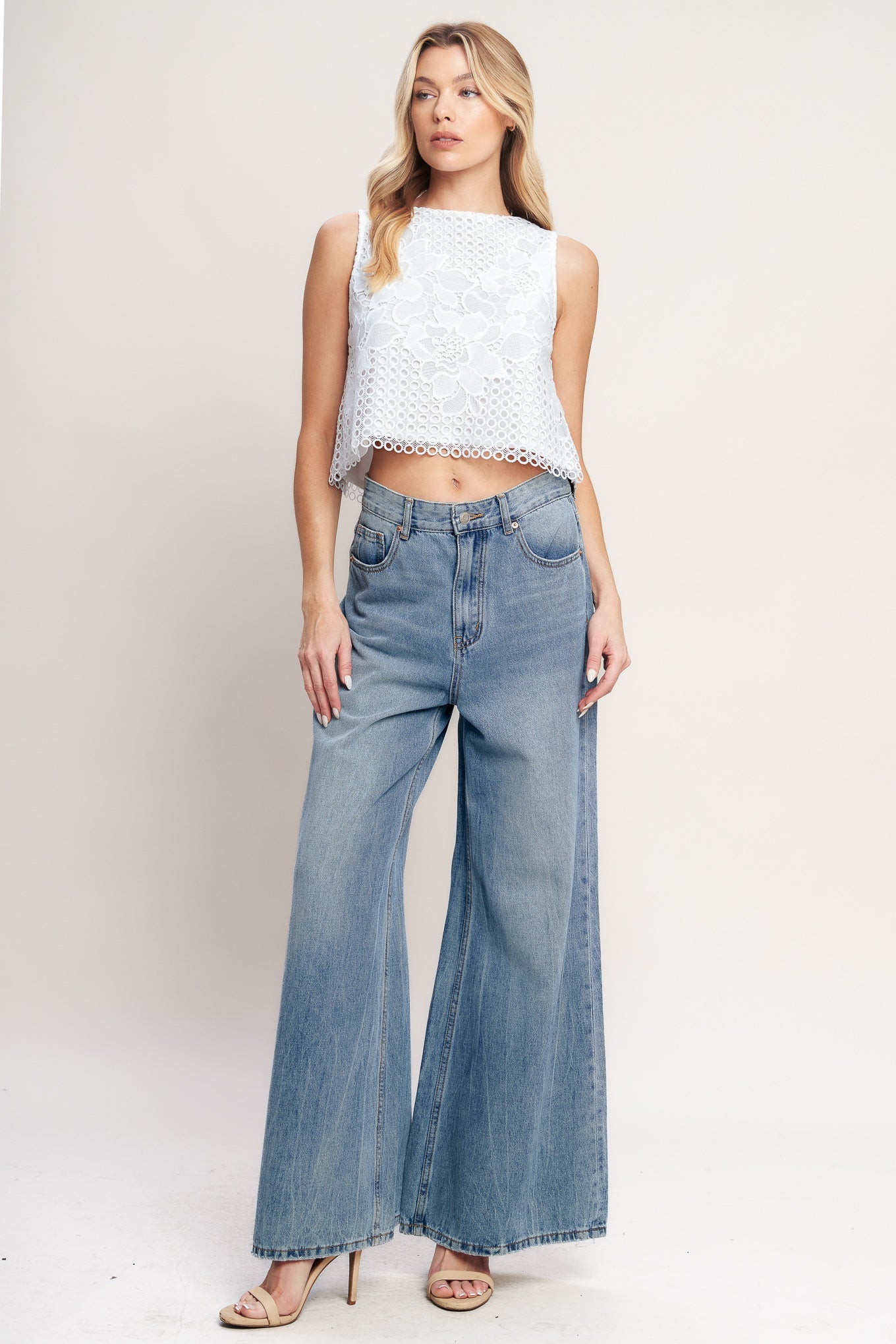 Model wearing the Flying Tomato LOVE AT FIRST WOVEN LACE TOP, highlighting its relaxed fit and romantic bohemian style.